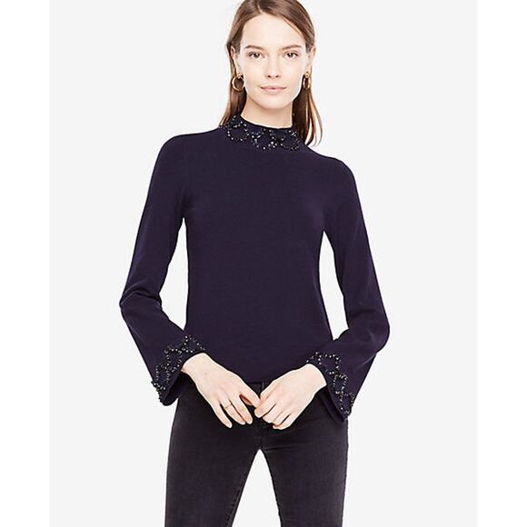Ann Taylor Women's Night Sky Blue Embellished Mock Neck Sweater Size S - Picture 1 of 7